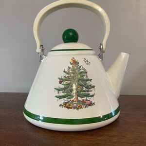 Vintage Spode White Teapot with Green Trim and Christmas Tree Motif